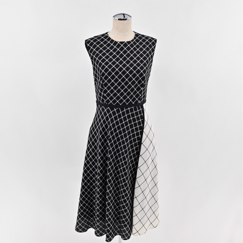 Carolina Herrera Plaid Dress Size 8 Black White Colorblock‎ Sleeveless Elegant
